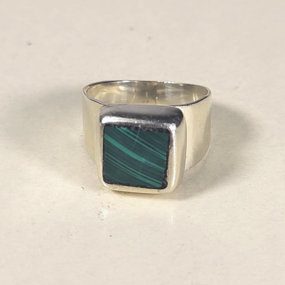 Vintage Mexico Sterling Silver Malachite Green Square Minimalist Ring